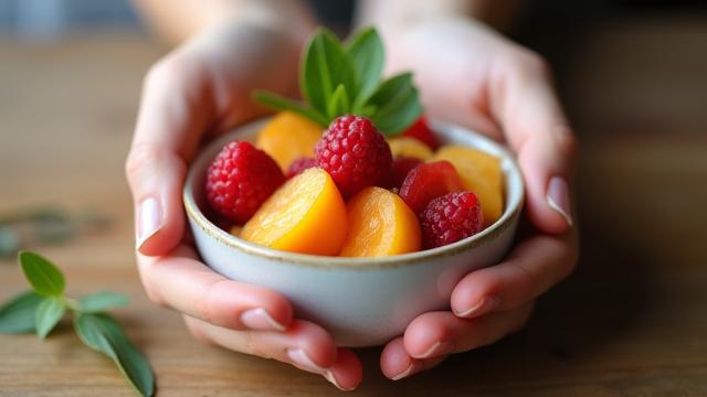 Close up of hands mindfully holding a bowl of fresh fruit, focusing on textures and colors