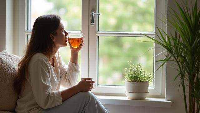 Person calmly drinking tea, illustrating stress management