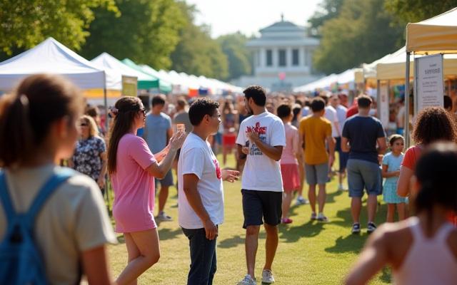 A vibrant community health fair with diverse participants engaged in activities, representing public health advocacy and community wellness.