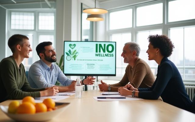 A diverse group of professionals smiling and collaborating in a modern, well-lit office space during a corporate wellness workshop.