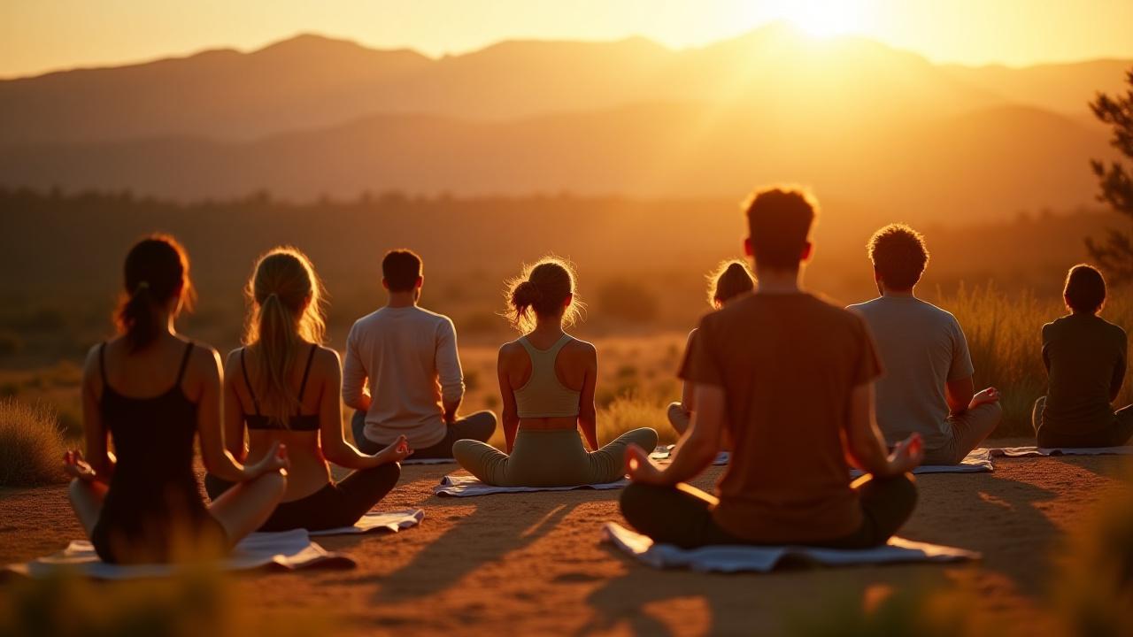 Diverse group of people engaging in various wellness activities amidst a serene desert-like landscape, illustrating holistic health services.